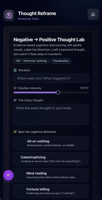 Cognitive thought reframing tool